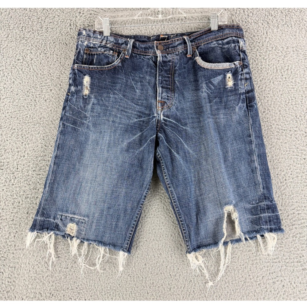 575 Denim Jean Shorts Mens 34 Blue‎ Distressed Raw Hem Button Fly Made USA